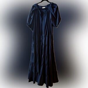 Calvin Klein Navy Tiered Puff-Sleeve Maxi Dress